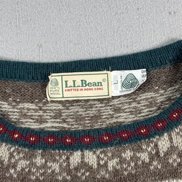 Vintage L.L.Bean Sweater Womens Large Gray Brown Wool Nordic Fair Isle Snowflake - Picture 3 of 8